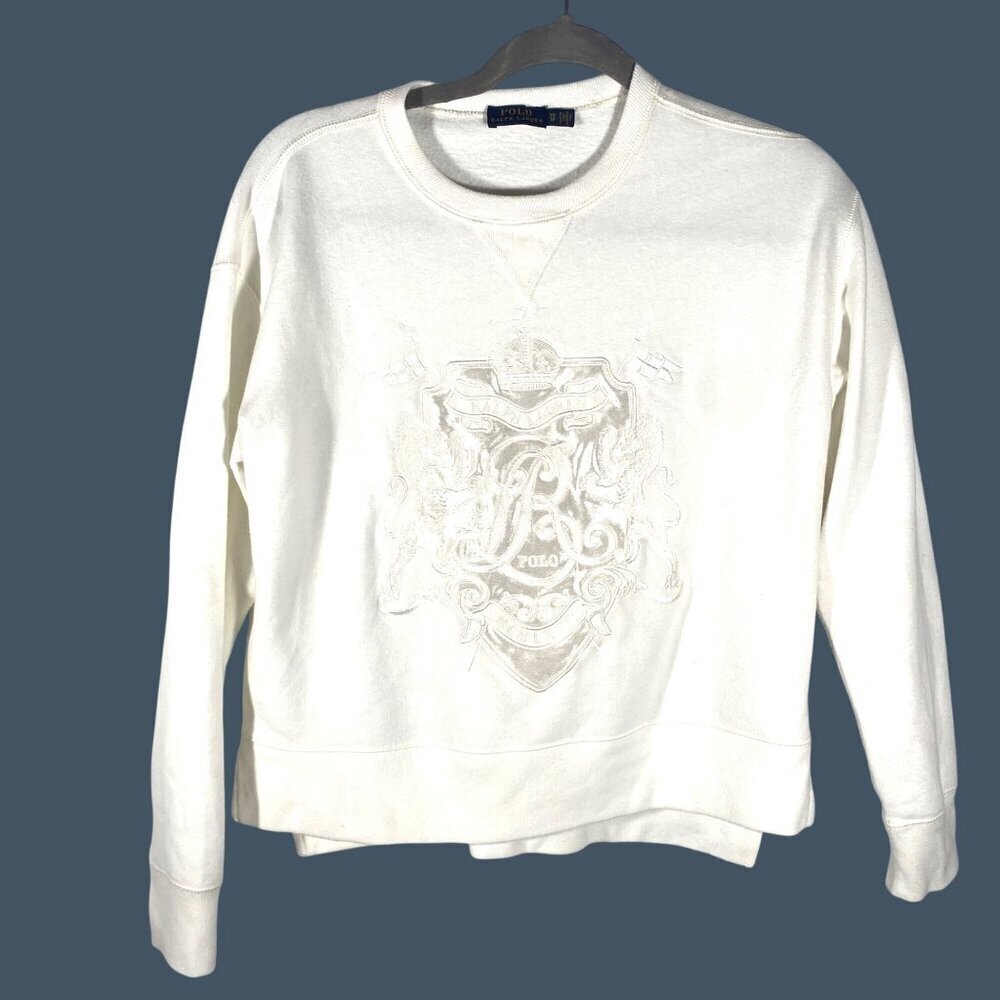 Polo Ralph Lauren XS White sweatshirt satin crest embroidered lions, crown logo